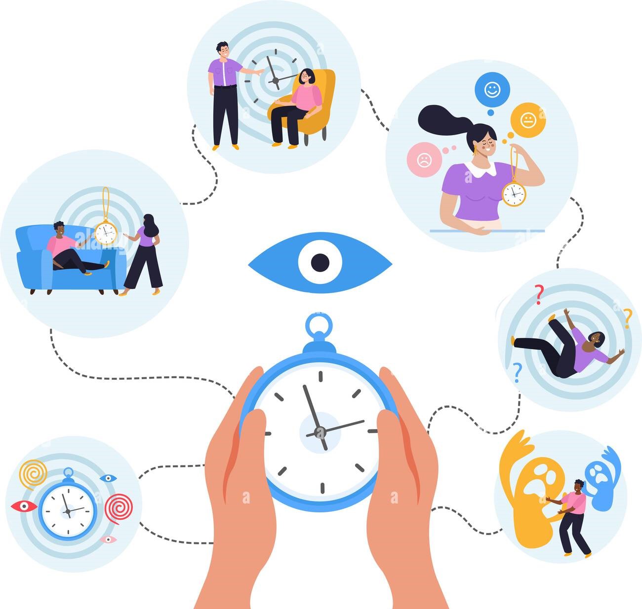 hypnosis-therapy-concept-with-meditation-symbols-flat-vector-illustration-2NKF4FB